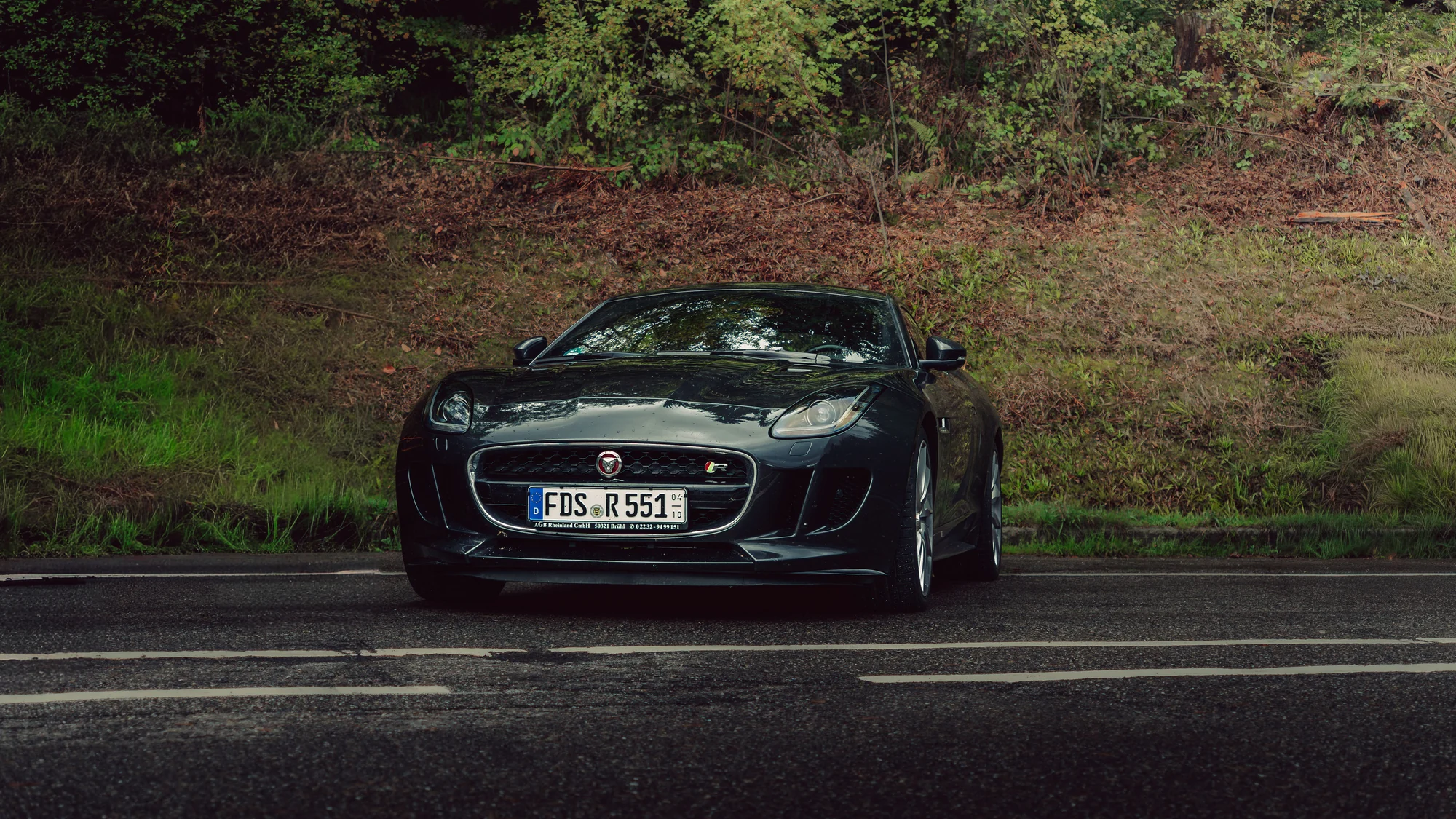 Dunkler Jaguar F-Type am Waldparkplatz