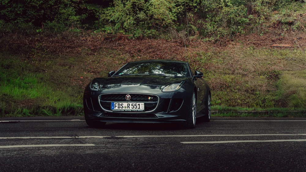 Dunkler Jaguar F-Type am Waldparkplatz