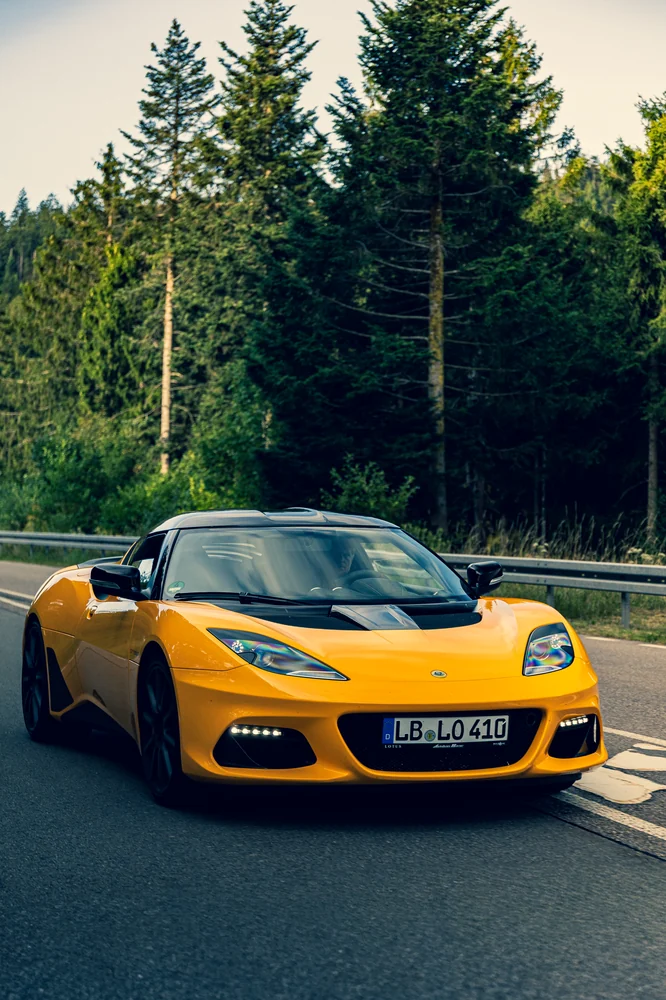Gelber Lotus auf kurviger Schwarzwaldstraße